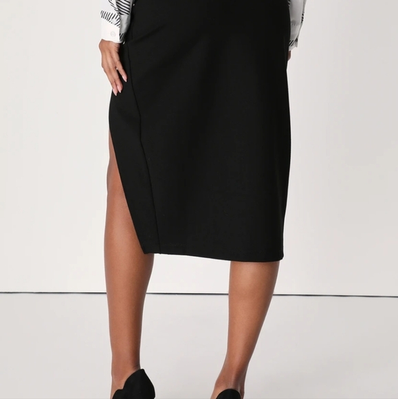 Lulu's Modern Desires classic black high waisted midi skirt thigh high slit - Picture 3 of 13